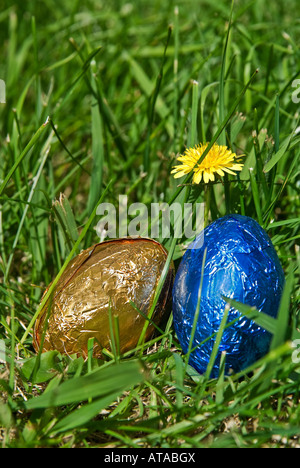 two easter eggs in the garden with a dandelion Stock Photo