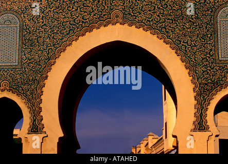 Bab Bou Jeloud, main entrance, gateway, horseshoe arch, keyhole arch, medina, Fes el-Bali, city of Fez, Fez, Morocco, North Africa, Africa Stock Photo