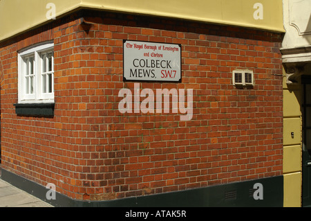 London Mews, sign on red brick wall Stock Photo