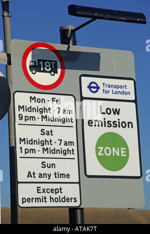 Vehicle restriction road signs adapted to include low emission zone boundary Stock Photo