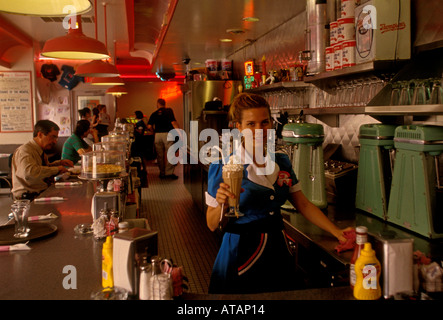 1 one waitress food server making milkshake at Route 66 Diner in Albuquerque, Bernalillo County, New Mexico, United States, North America Stock Photo