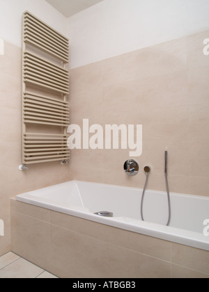 New modern style bathroom with design radiator heating and showerhead beige cream in colour Stock Photo