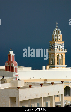 Catholic church clock tower of Sanctus Ioannes Baptista Fira Santorini Stock Photo