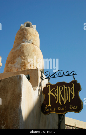 Restaurant sign in the village of Oia on Santorini Stock Photo