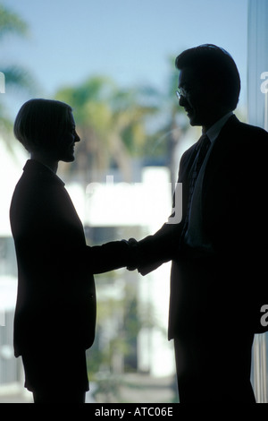 Australia Qld Brisbane businesswoman man shaking hands in office MR available Stock Photo