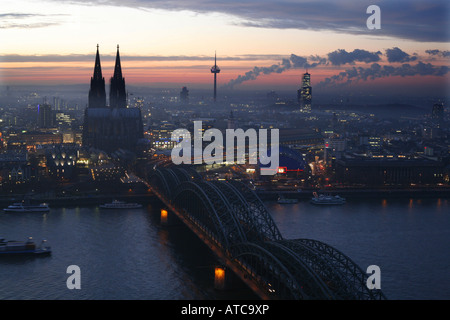 view from Koeln Triangel on Hohenzollern bridge and Cologne Cathedral, Koelner Dom, Germany, North Rhine-Westphalia, Koeln