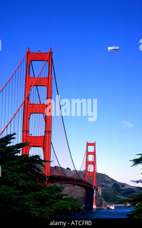 Met Life blimp flies near Golden Gate Bridge San Francisco California USA Stock Photo