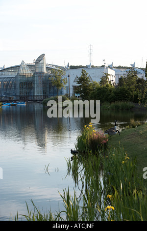 Bluewater retail park near Dartford seen over the lake at nightfall 3 Stock Photo