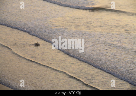 a single surfer walks out into the sea in  evening light carrying his board Stock Photo