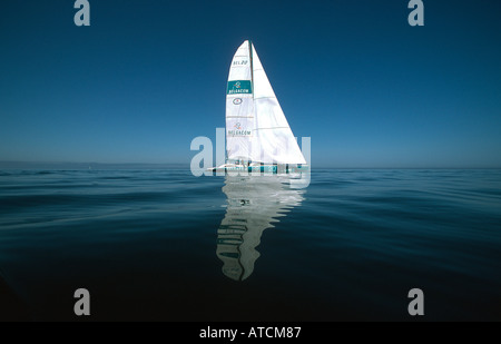 Catamaran ot the transat quebec St-malo on St-Lawrence river Stock Photo