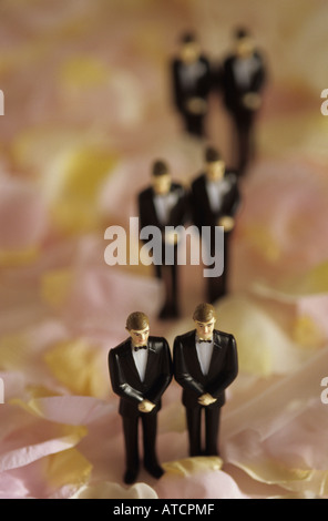 Non traditional marriage ceremony with gay white men figurines on petals wearing tuxedos with sunset light Stock Photo