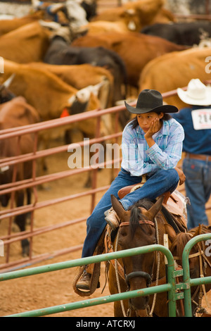 young riders wait to compete in the Pole Bending event All Indian Rodeo Gallup Inter Tribal Indian Ceremonial Gallup New Mexico Stock Photo