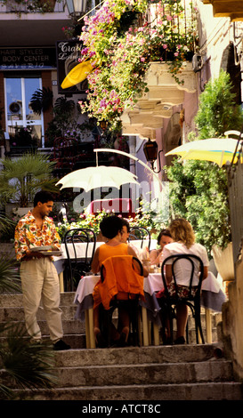 Taromina Italy Sicily town city bar pub restaurant Stock Photo