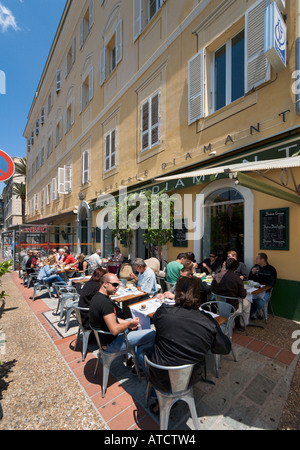 Sidewalk brasserie near the Place de Gaulle in the town centre of Ajaccio, Corsica, France Stock Photo