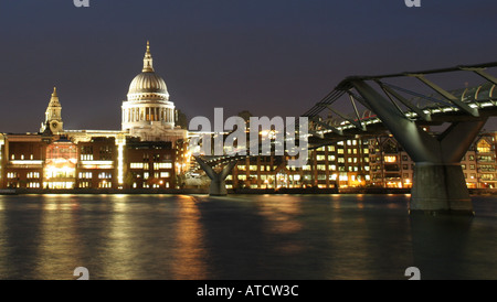 St Pauls Cathedral and Millennium Bridge by Night from the South Bank Stock Photo