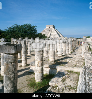 El Castillo (or Pyramid of Kukulcan) from the Temple of the Warriors, Mayan Ruins, Chichen Itza, Yucatan Peninsula, Mexico Stock Photo