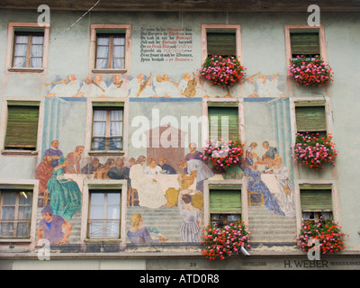 Wedding feast at Cana mural on building facade in Weinmarkt Square Luzern Switzerland Stock Photo