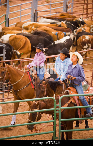 young riders wait to compete in the Pole Bending event All Indian Rodeo Gallup Inter Tribal Indian Ceremonial Gallup New Mexico Stock Photo