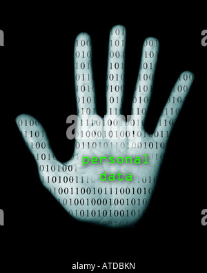 palm scan with binary digital data and the words personal data displayed Stock Photo