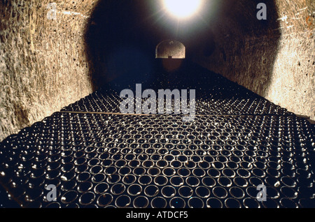 EPERNAY FRANCE,  French Champagne Cave, 'Pommery Company' Thousands Wine Bottles in Stacks Underground, storage room, Investment, French customs Stock Photo