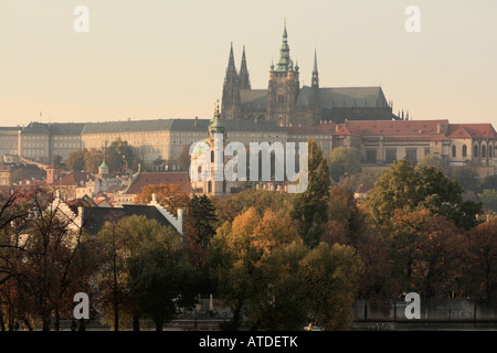 A view of the Prague Castle and St Vitus Cathedral from the Legion Bridge in Prague Stock Photo