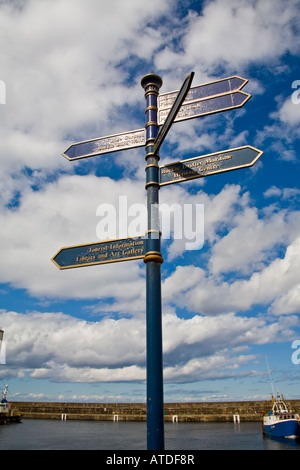 Signposts for tourists Buckie Harbour, Buckie, Moray, Grampian, Scotland, Great Britain, UK Stock Photo