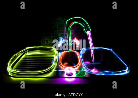 Kitchen sink colorful light painted Stock Photo