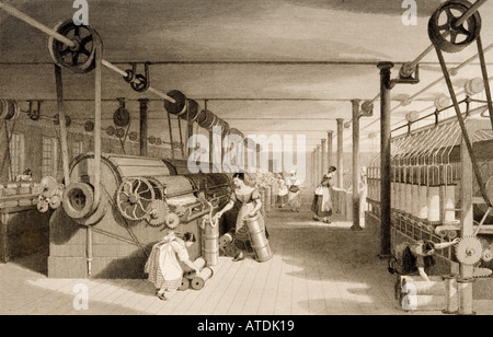 Cotton factory floor in 1830's showing workers carding, drawing and roving.  Drawn by T Allom.  Engraved by J Tingle Stock Photo