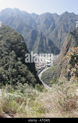 Aerial view of Machu Picchu Pueblo, town of Aguas Calientes, Peru from Putukusi Mountain Stock Photo