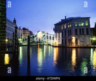 Rialto Bridge and Grand Canal Night view Venice Veneto Italy Stock Photo