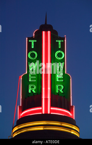 USA, California, Sacramento, Historic Tower Theater Neon Sign Stock Photo