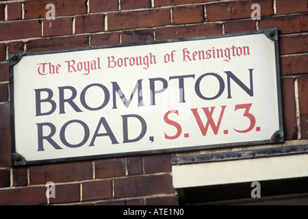 STREET SIGN OF BROMPTON ROAD ON RED BRICK WALL LONDON ENGLAND Stock Photo