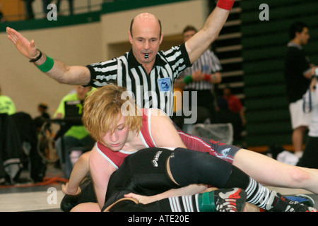 Referee judges U S Girls Wrestling Association National Championships Stock Photo