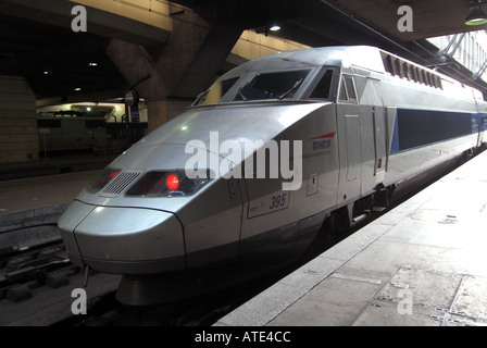 Paris Gare Montparnasse French railway station and terminal with TGV high speed train locomotives alongside platforms in France Stock Photo