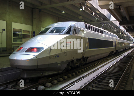 Paris Gare Montparnasse French railway station and terminal with TGV high speed train locomotives alongside platforms in France Stock Photo