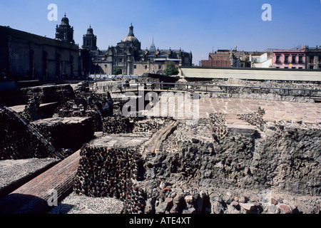 Great Pyramid or Templo Mayor ruins being excavated under the National Cathedral in central Mexico City Stock Photo