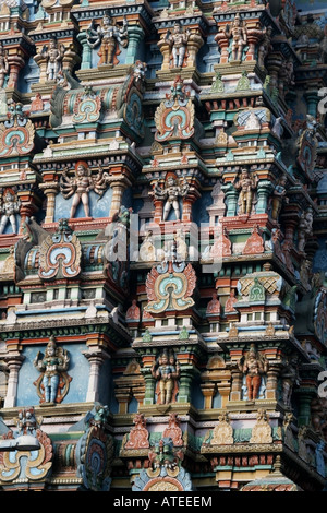 Tower detail on colourful intricately carved Sri Meenakshi Temple , Madurai , Tamil Nadu , South India Stock Photo
