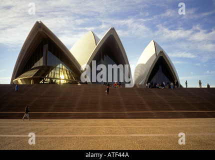 Panoramic frontal view Opera House entrance big steps shine ray glass triangular shape Sydney Sidney New South Wales Australia Stock Photo