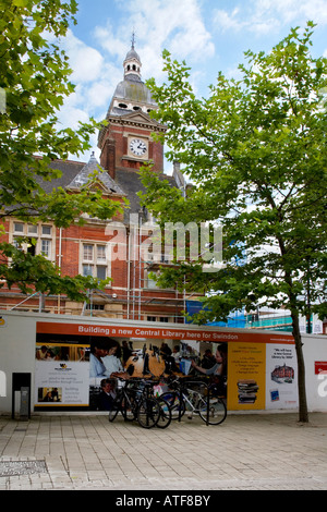 Swindon Town Hall clock tower with hoardings and scaffolding around during the building of the New Central Library in 2007 Stock Photo