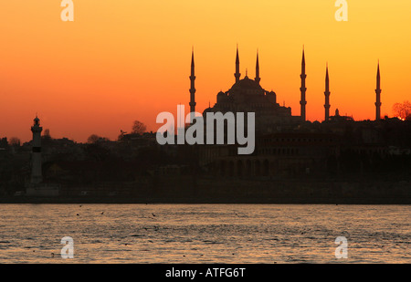 Blue Mosque, Istanbul,Turkey, seen from across the Bosphorous at sunset Stock Photo