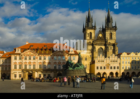 Old Town Square with Kinsky Palace Jan Hus Monument and Tyn Cathedral in Prague Czech Republic Stock Photo