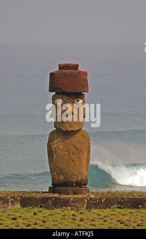 Chile Easter Island Ahu Tahai moai statue with open eyes Stock Photo