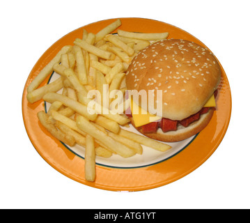 A plated meal of sliced sausage with cheese in a seeded bun with chips Stock Photo