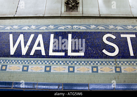 Wall street subway sign tile pattern in New York City Manhattan station ...