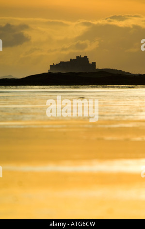 Bamburgh Castle, on the coast of Northumberland, England, viewed from the north across mudflats at low tide from Lindisfarne. Stock Photo