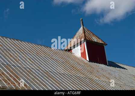 Stock image of cupola on an old red barn with metal roof in Stanley New Brunswick Canada Stock Photo