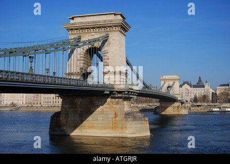 The Chain Bridge over River Danube, Pest, Budapest, Republic of Hungary Stock Photo