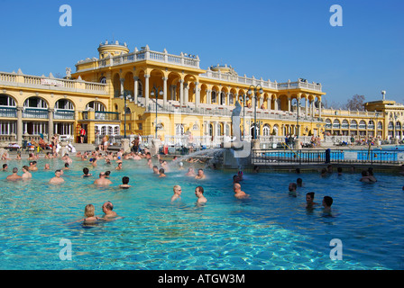 Outdoor thermal pools, Szechenyi Baths, Varosliget, Pest, Budapest, Republic of Hungary Stock Photo