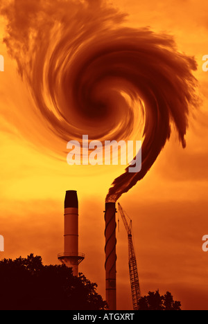 the question of global warming or climate change with smoke from factory in burnt sienna Stock Photo