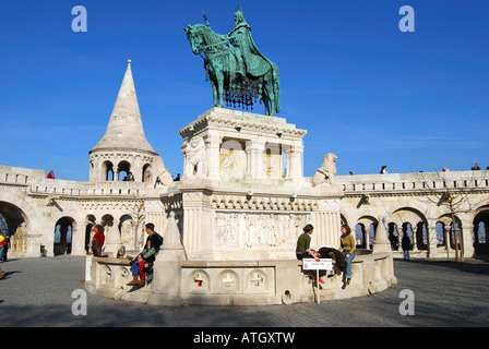 St.Stephen's statue and ramparts, Fisherman's Bastion, The Castle District, Buda, Budapest, Republic of Hungary Stock Photo